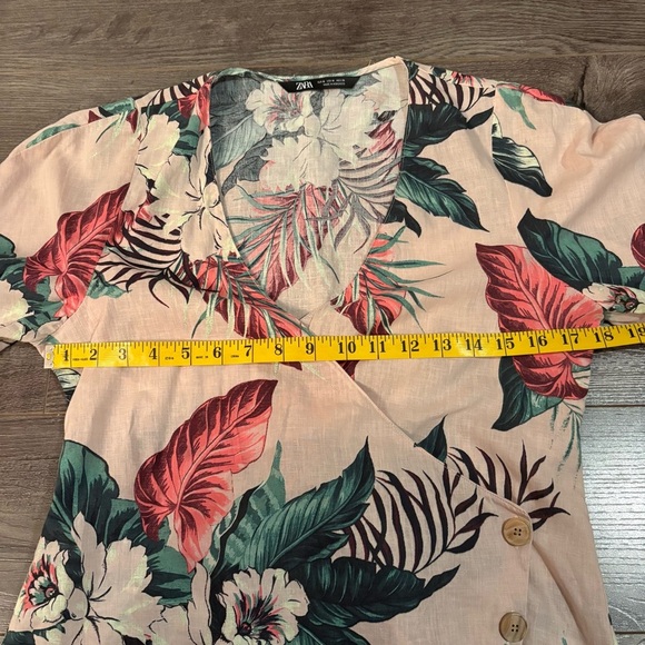 Zara Linen wrap blouse puff sleeve pink tropical print - Picture 10 of 13